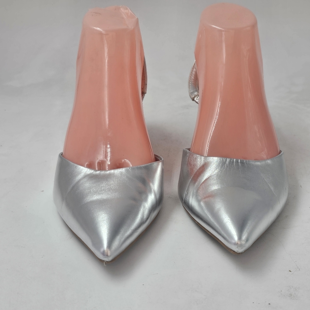 Open Edit Silver Pointed Toe Slingback Kitten Heels Womens - Picture 3 of 11